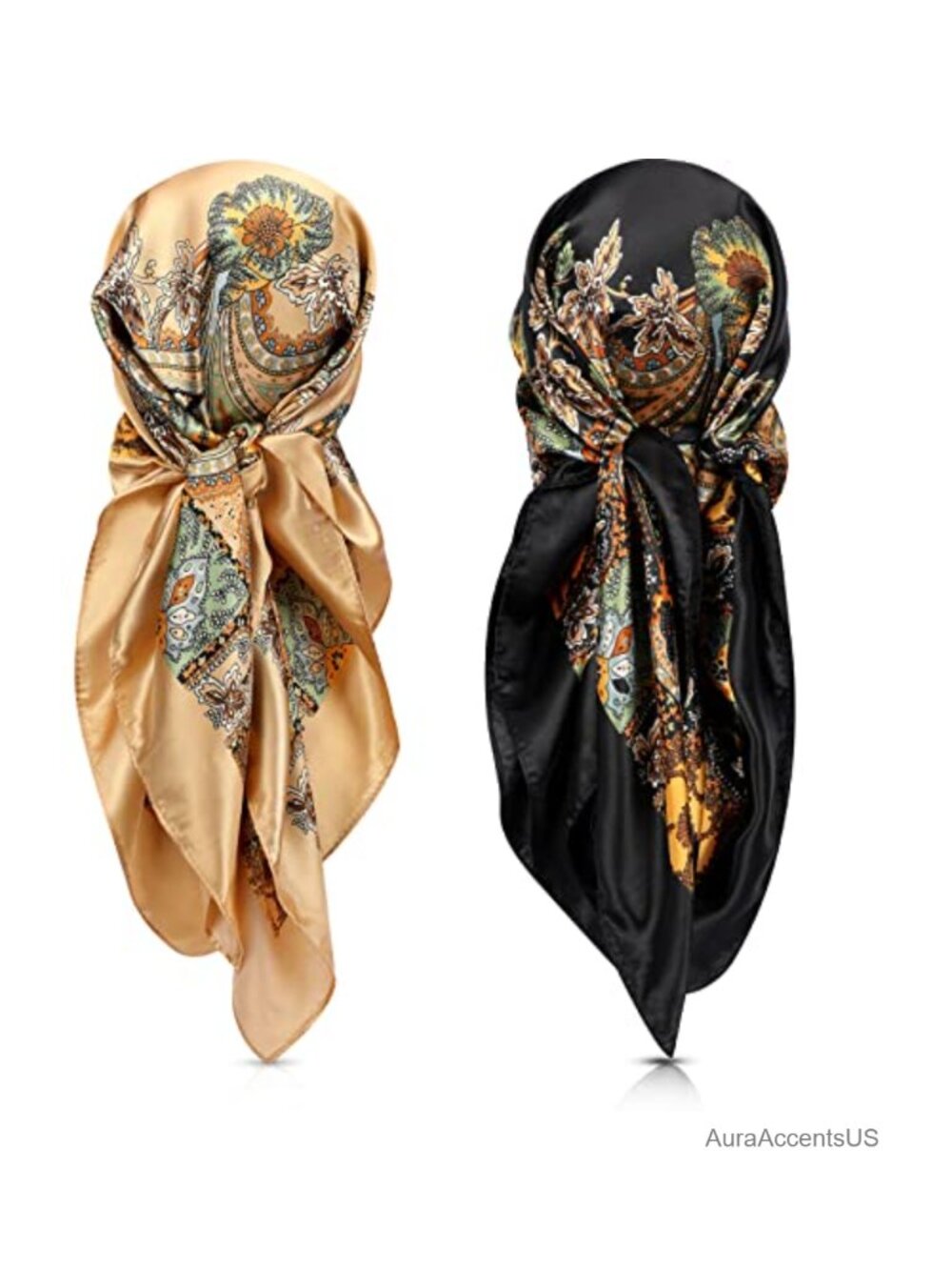 2 Pack Large Square Neck Scarf Silk Feel Satin Head Wrap for Sleeping, Dance,